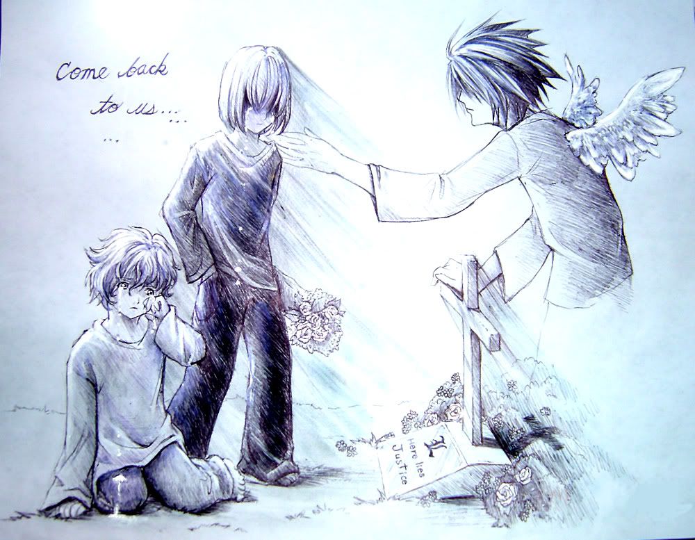 Here_lies_Justice_by_yuumei.jpg Sad L Angel, Mello & Near image by liertosasuke