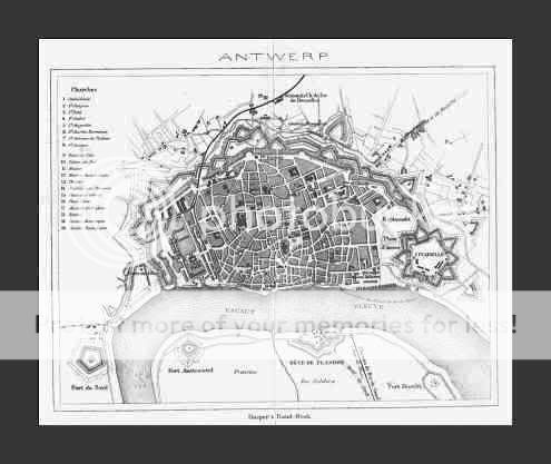 ANTWERP, Belgium, 1874 City Map, 20 Points of Interest  