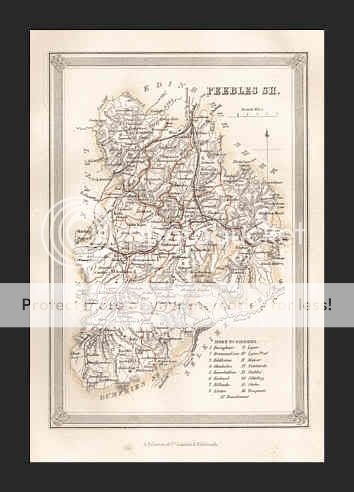 PEEBLES SHIRE, Scotland MAP    c. 1875 Lithograph  